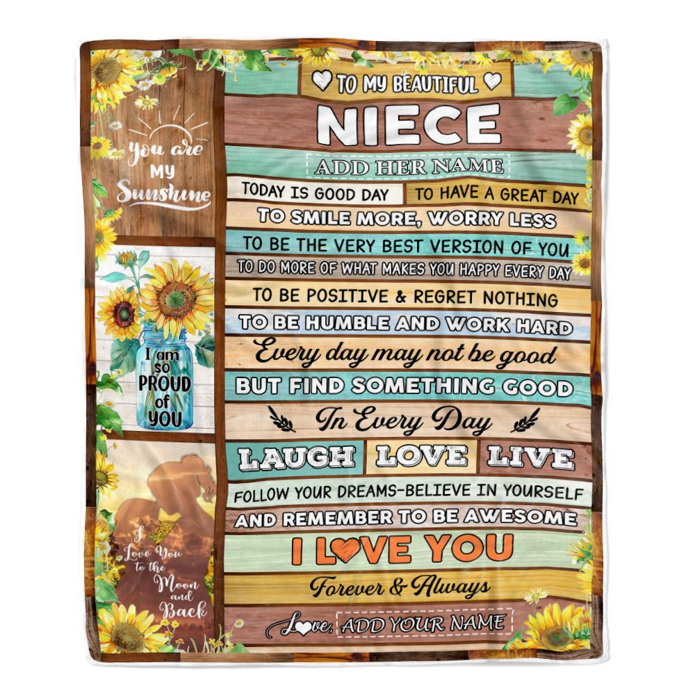 Personalized To My Beautiful Niece Gifts Blanket From Aunt Auntie Wood Sunflower Gifts For Niece Birthday Graduation Christmas Customized Fleece Blanket | siriusteestore