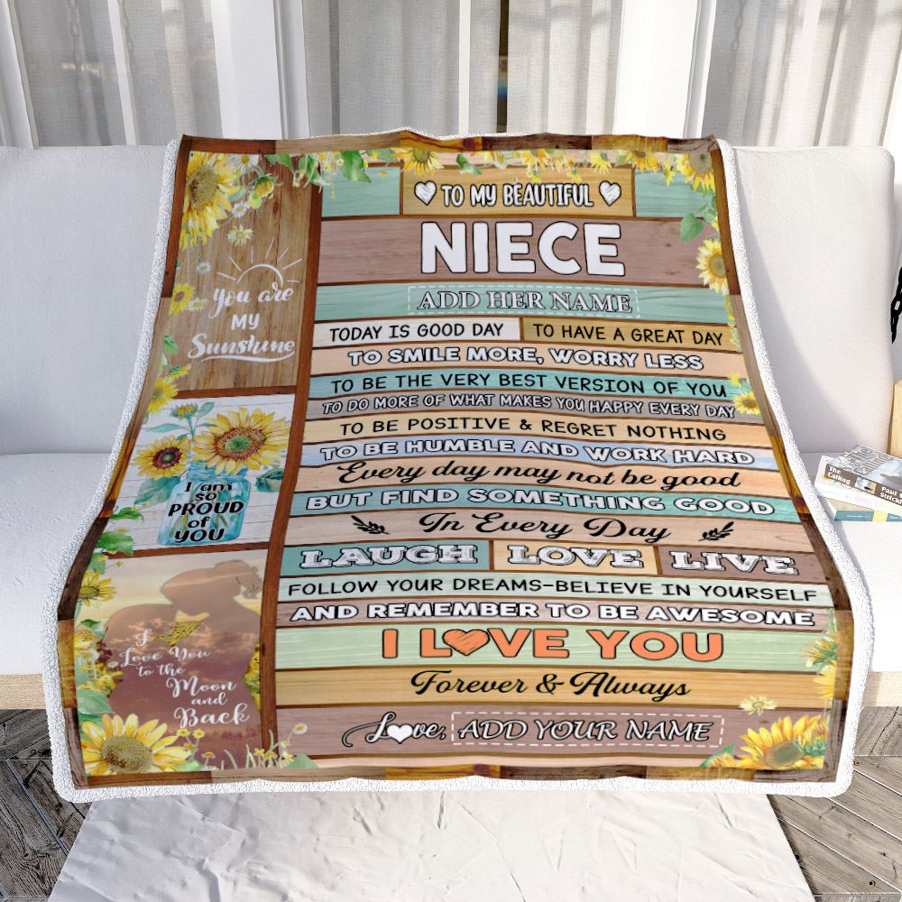 Personalized To My Beautiful Niece Gifts Blanket From Aunt Auntie Wood Sunflower Gifts For Niece Birthday Graduation Christmas Customized Fleece Blanket | siriusteestore