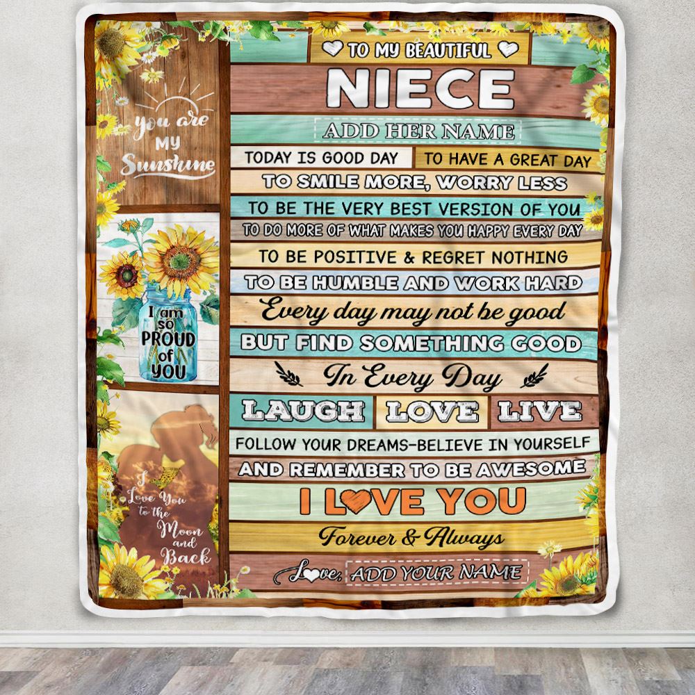 Personalized To My Beautiful Niece Gifts Blanket From Aunt Auntie Wood Sunflower Gifts For Niece Birthday Graduation Christmas Customized Fleece Blanket | siriusteestore