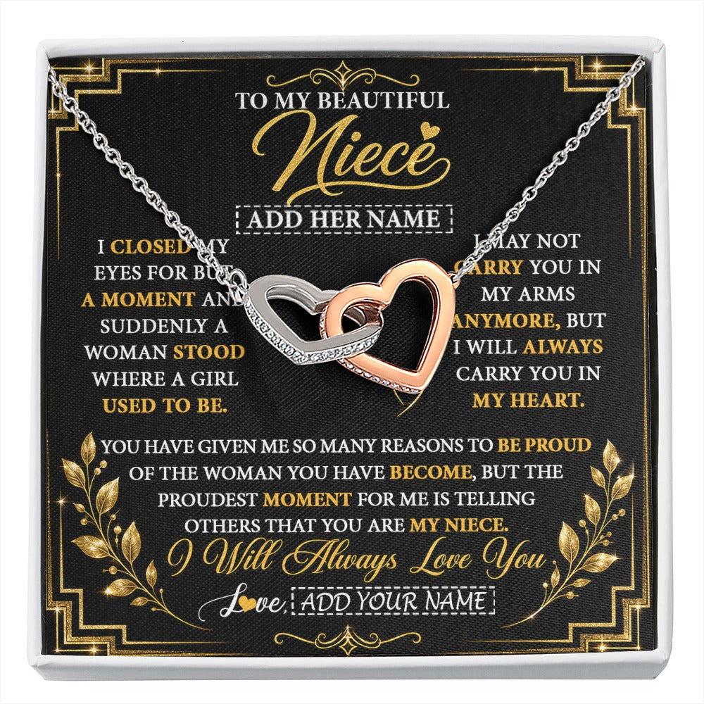Interlocking Hearts Necklace Stainless Steel & Rose Gold Finish | 1 | Personalized To My Beautiful Niece Gifts From Aunt Uncle Pendant Necklace I Close My Eyes Niece Birthday Gifts Christmas Graduation Gift Box Message Card | https://siriusteestore.