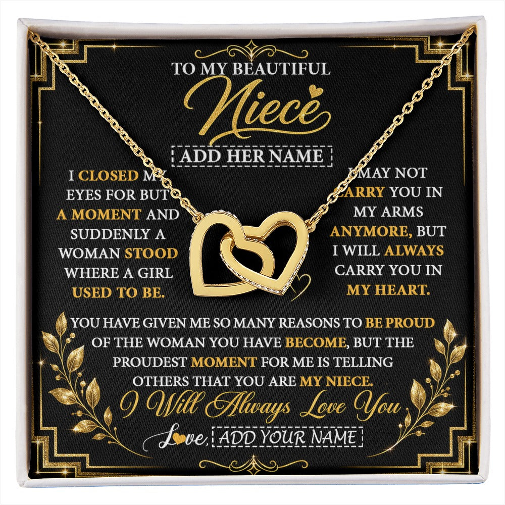 Interlocking Hearts Necklace 18K Yellow Gold Finish | 1 | Personalized To My Beautiful Niece Gifts From Aunt Uncle Pendant Necklace I Close My Eyes Niece Birthday Gifts Christmas Graduation Gift Box Message Card | https://siriusteestore.