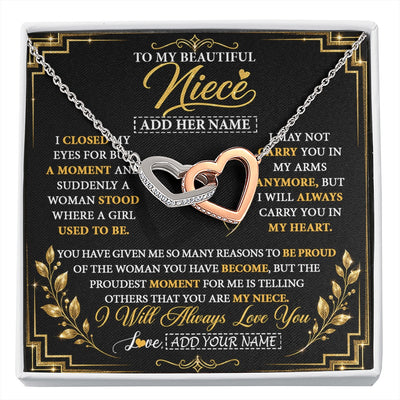Interlocking Hearts Necklace Stainless Steel & Rose Gold Finish | 1 | Personalized To My Beautiful Niece Gifts From Aunt Uncle Pendant Necklace I Close My Eyes Niece Birthday Gifts Christmas Graduation Gift Box Message Card | https://siriusteestore.