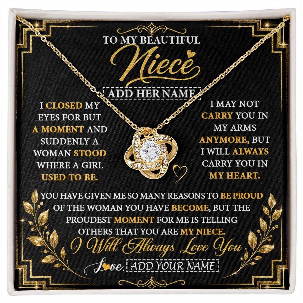 Love Knot Necklace 18K Yellow Gold Finish | 1 | Personalized To My Beautiful Niece Gifts From Aunt Uncle Pendant Necklace I Close My Eyes Niece Birthday Gifts Christmas Graduation Gift Box Message Card | https://siriusteestore.
