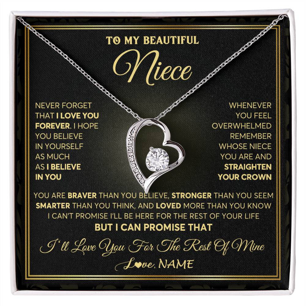 Forever Love Necklace 14K White Gold Finish | 1 | Personalized To My Beautiful Niece Necklace From Aunt Auntie I Love You Jewelry Gifts For Niece Birthday Graduation Christmas Customized Gift Box Message Card | siriusteestore