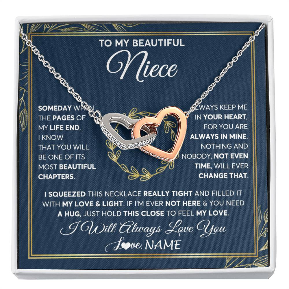 Interlocking Hearts Necklace Stainless Steel & Rose Gold Finish | Personalized To My Beautiful Niece Necklace From Aunt Auntie Uncle Someday Niece Birthday Christmas Jewelry Charm Present Customized Gift Box Message Card | siriusteestore