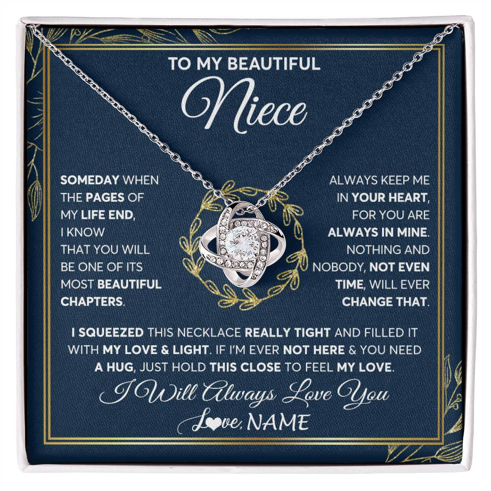 Love Knot Necklace 14K White Gold Finish | Personalized To My Beautiful Niece Necklace From Aunt Auntie Uncle Someday Niece Birthday Christmas Jewelry Charm Present Customized Gift Box Message Card | siriusteestore