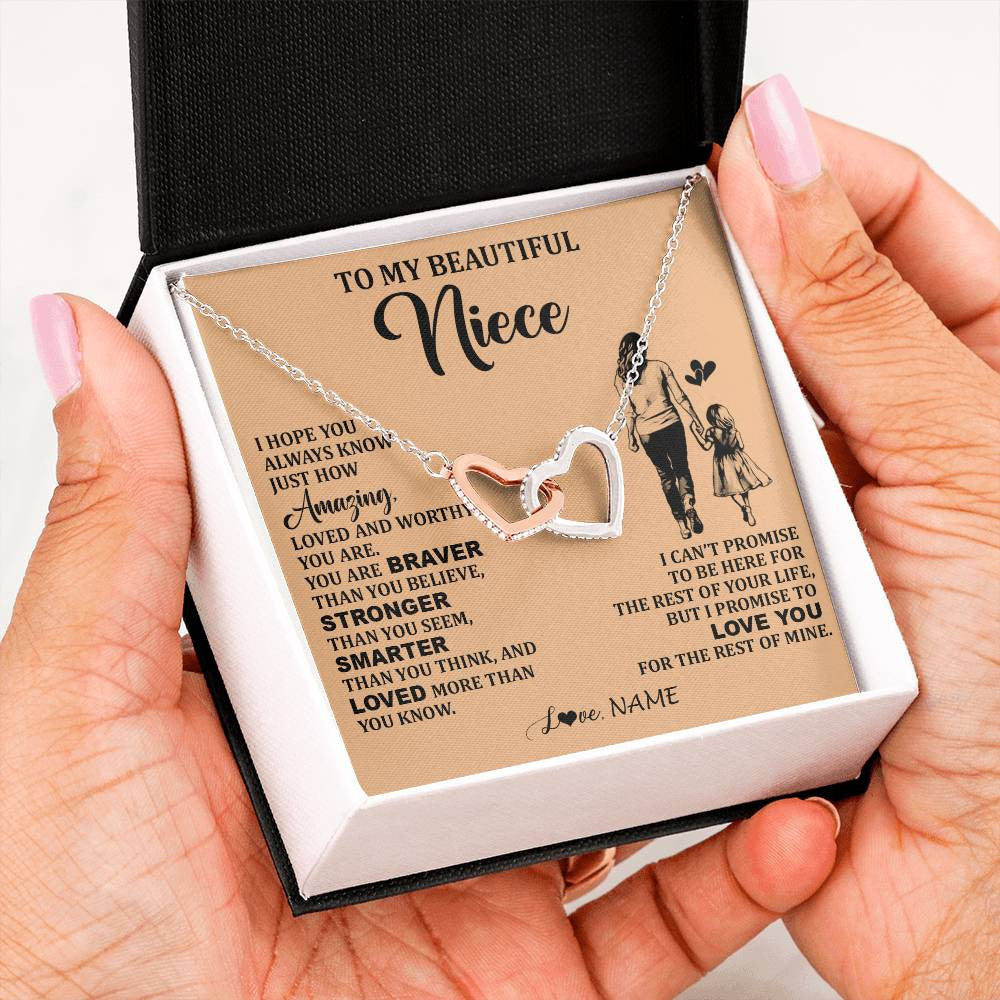 Interlocking Hearts Necklace Stainless Steel & Rose Gold Finish | 2 | Personalized To My Beautiful Niece Necklace From Aunt Promise To Love You Niece Birthday Valentines Day Graduation Christmas Customized Gift Box Message Card | siriusteestore