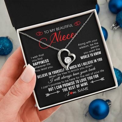 Forever Love Necklace 14K White Gold Finish | Personalized To My Beautiful Niece Necklace From Aunt Uncle Aunt Happiness Wherever Life Niece Birthday Graduation Christmas Customized Gift Box Message Card | siriusteestore