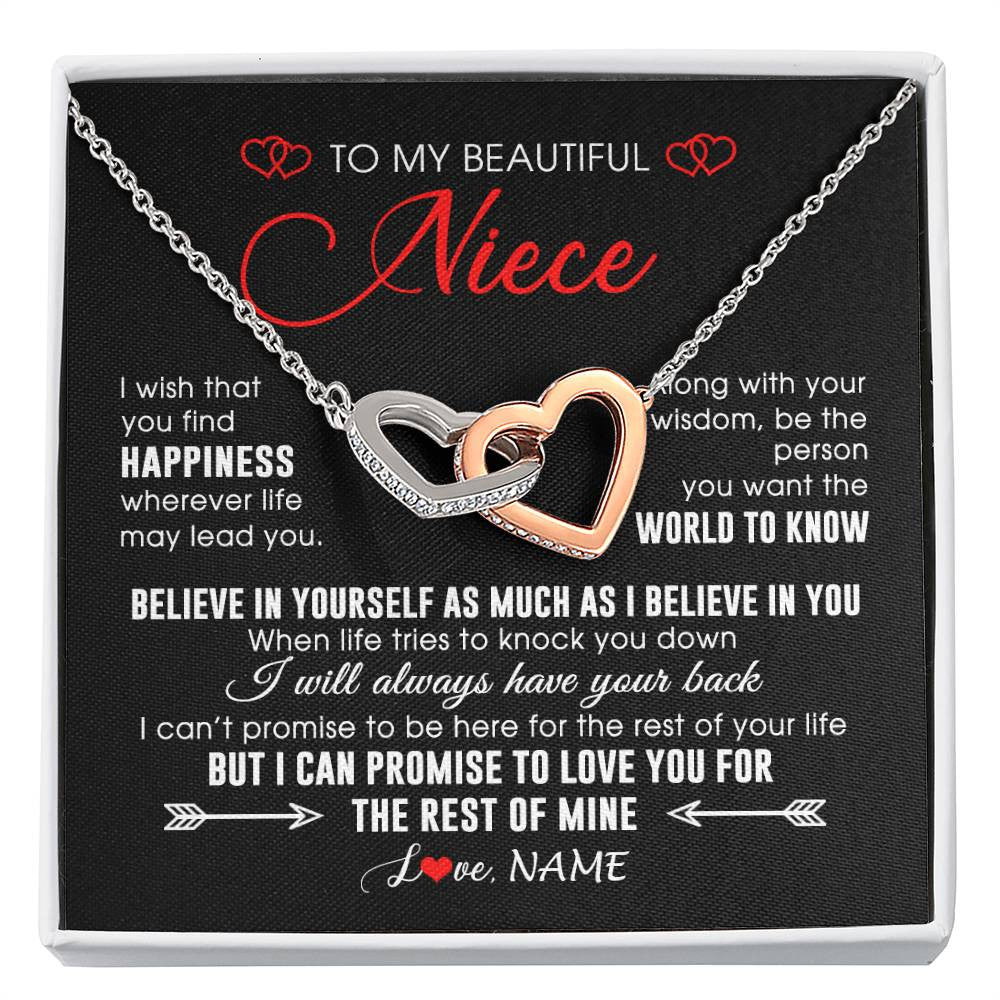 Interlocking Hearts Necklace Stainless Steel & Rose Gold Finish | Personalized To My Beautiful Niece Necklace From Aunt Uncle Aunt Happiness Wherever Life Niece Birthday Graduation Christmas Customized Gift Box Message Card | siriusteestore