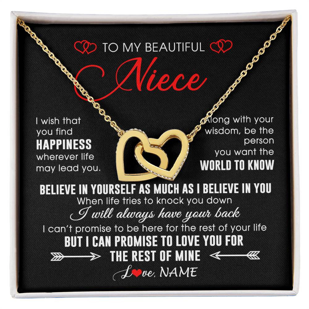Interlocking Hearts Necklace 18K Yellow Gold Finish | Personalized To My Beautiful Niece Necklace From Aunt Uncle Aunt Happiness Wherever Life Niece Birthday Graduation Christmas Customized Gift Box Message Card | siriusteestore