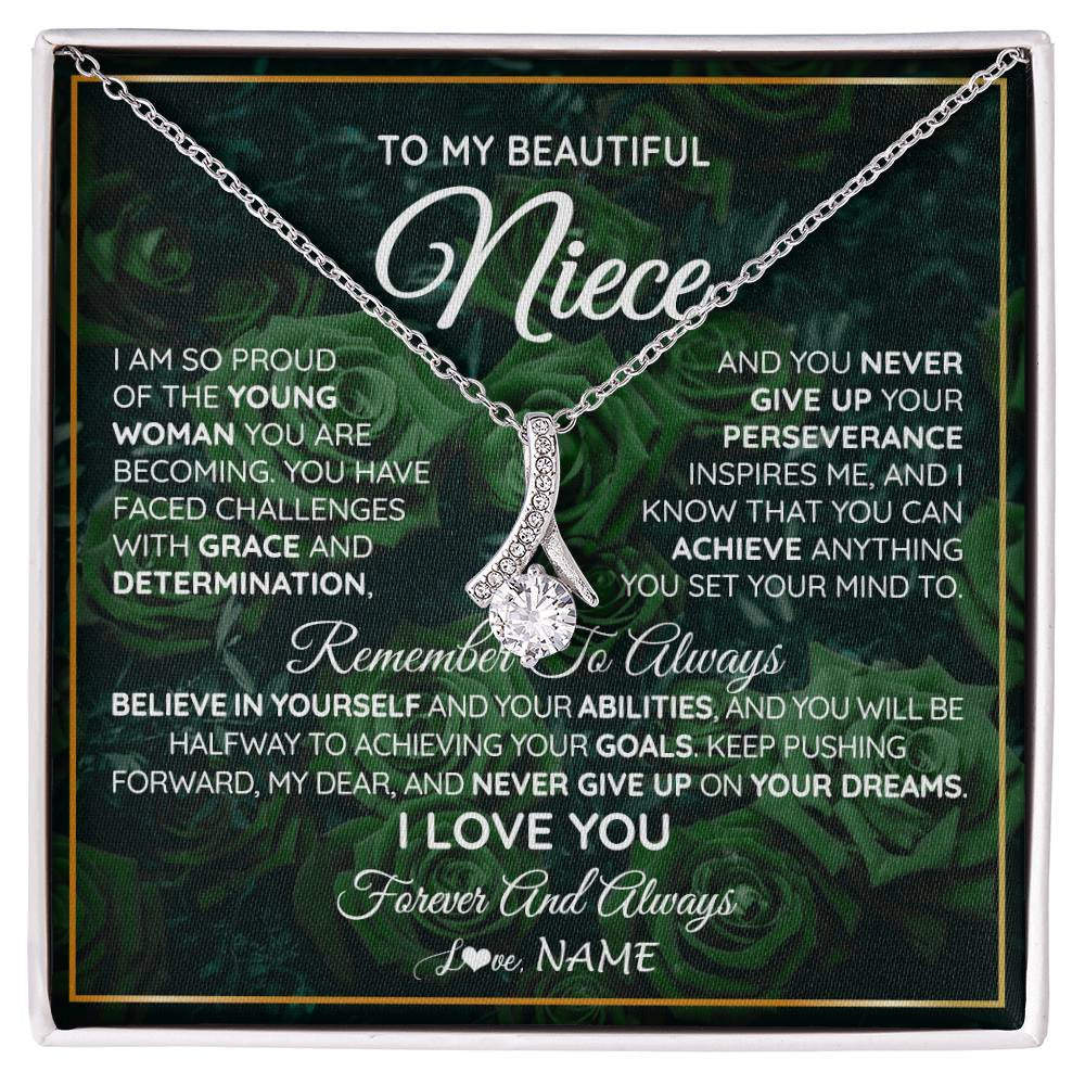 Alluring Beauty Necklace 14K White Gold Finish | Personalized To My Beautiful Niece Necklace From Aunt Uncle Aunt Never Give Up Niece Birthday Graduation Motivational Quote Customized Gift Box Message Card | siriusteestore