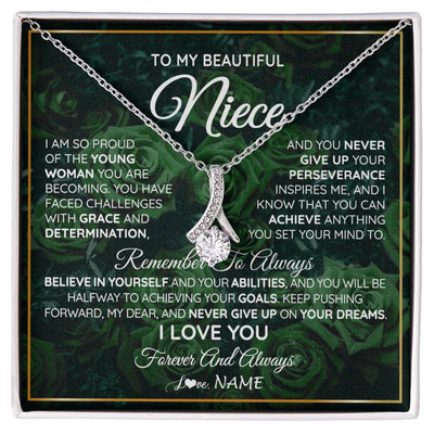 Alluring Beauty Necklace 14K White Gold Finish | Personalized To My Beautiful Niece Necklace From Aunt Uncle Aunt Never Give Up Niece Birthday Graduation Motivational Quote Customized Gift Box Message Card | siriusteestore