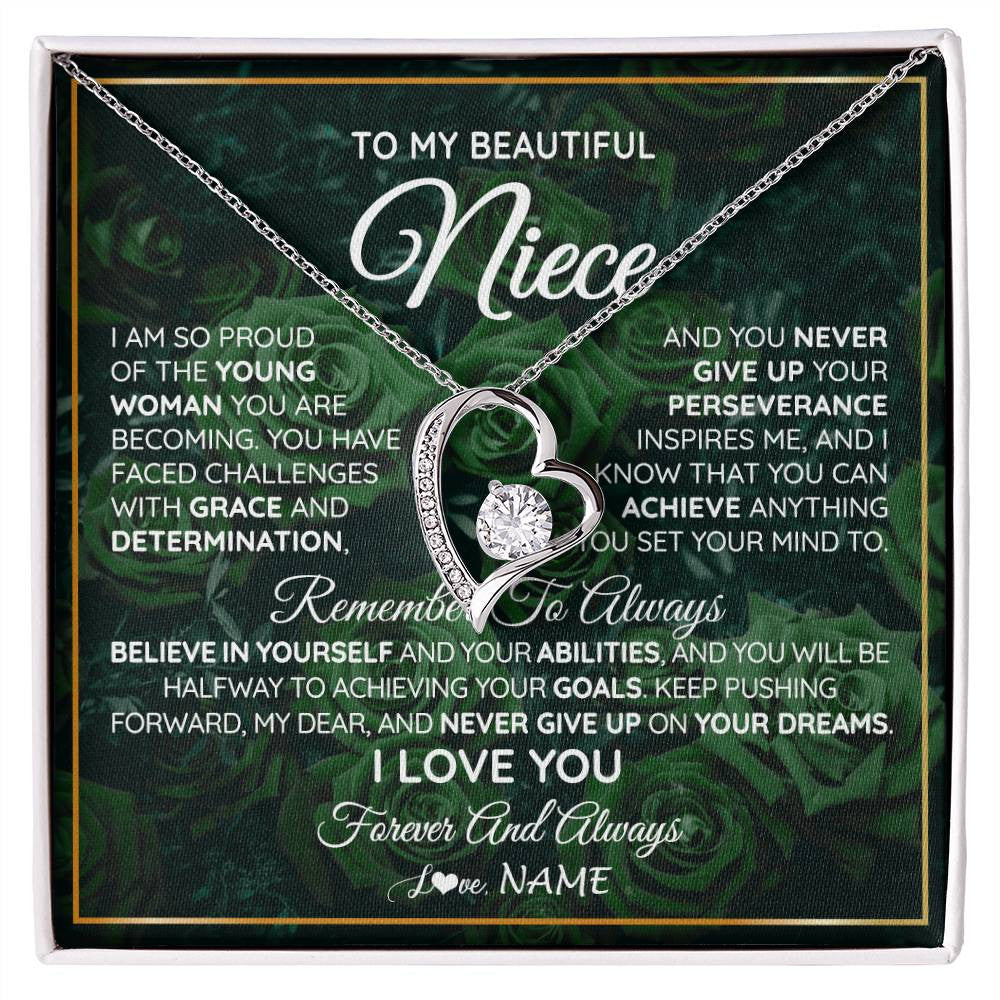 Forever Love Necklace 14K White Gold Finish | Personalized To My Beautiful Niece Necklace From Aunt Uncle Aunt Never Give Up Niece Birthday Graduation Motivational Quote Customized Gift Box Message Card | siriusteestore