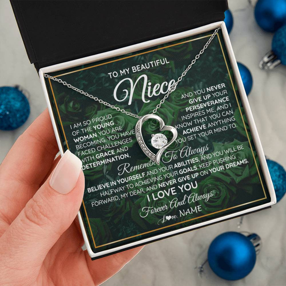 Forever Love Necklace 14K White Gold Finish | Personalized To My Beautiful Niece Necklace From Aunt Uncle Aunt Never Give Up Niece Birthday Graduation Motivational Quote Customized Gift Box Message Card | siriusteestore
