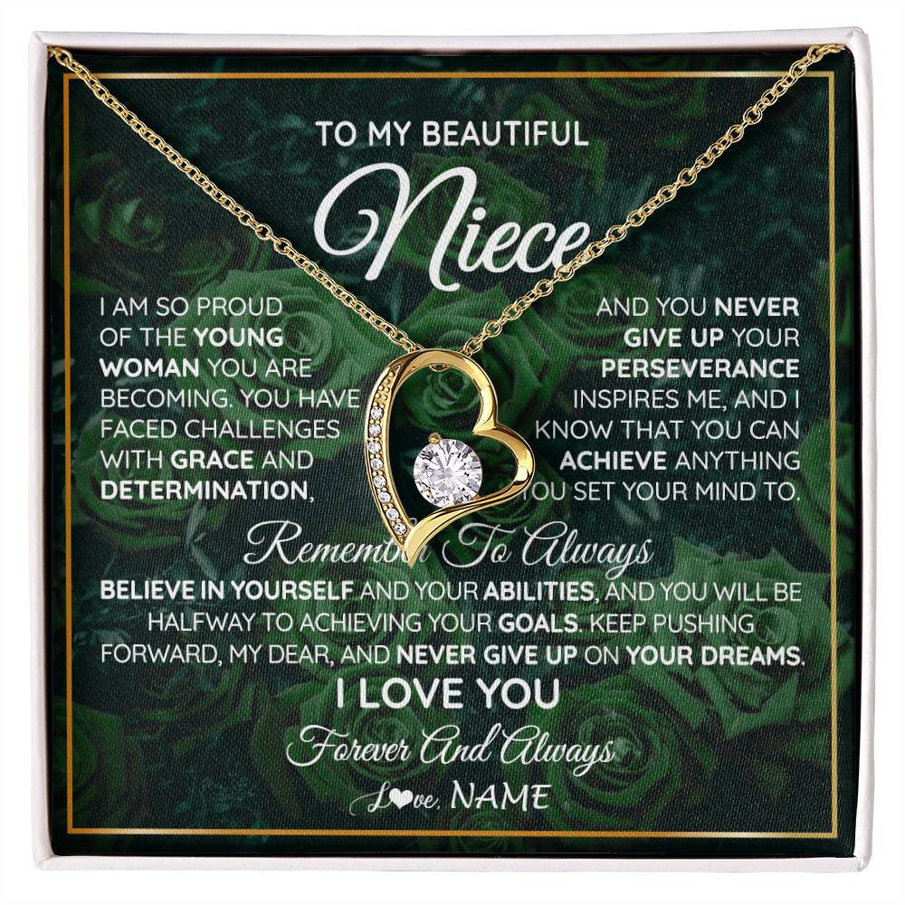 Forever Love Necklace 18K Yellow Gold Finish | Personalized To My Beautiful Niece Necklace From Aunt Uncle Aunt Never Give Up Niece Birthday Graduation Motivational Quote Customized Gift Box Message Card | siriusteestore