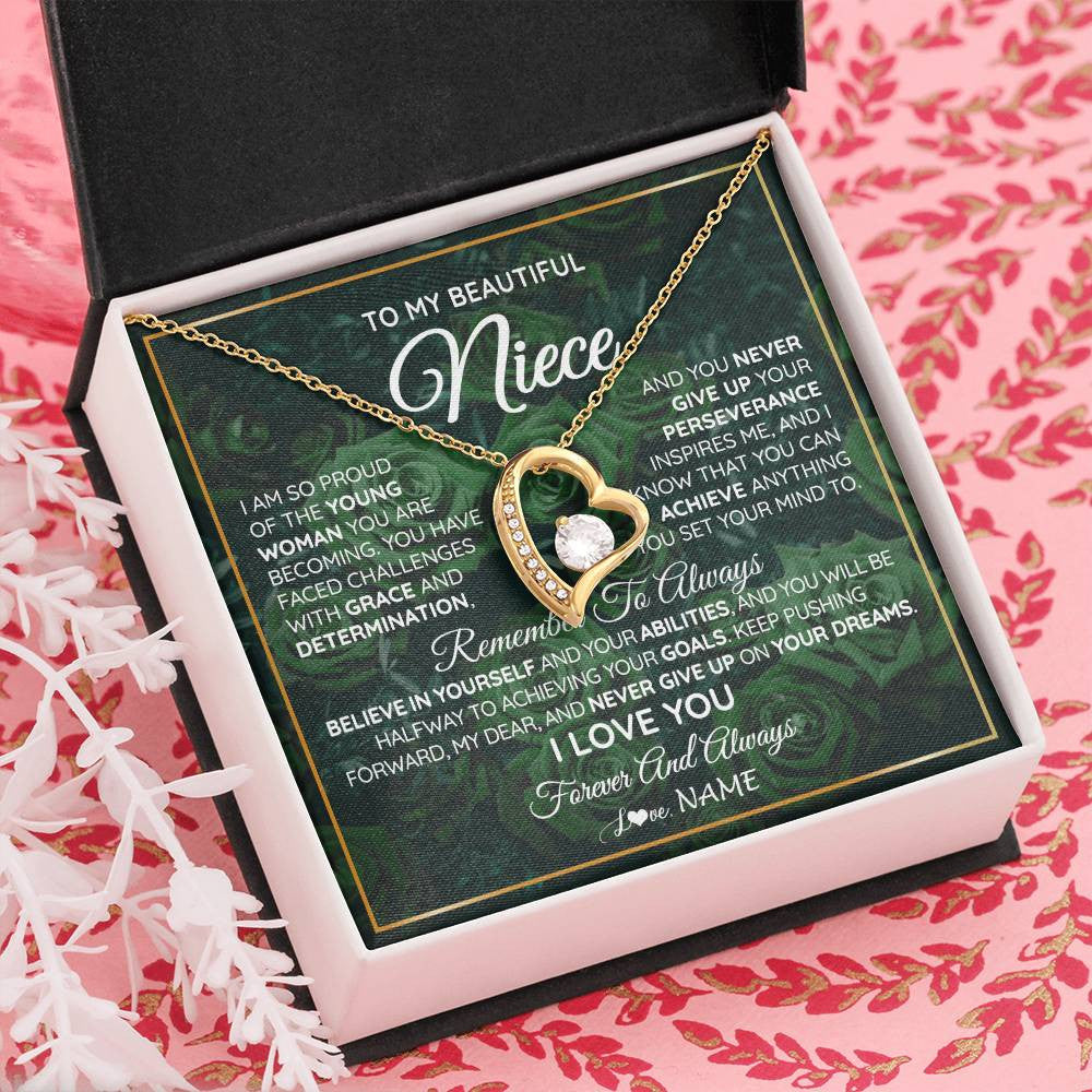Forever Love Necklace 18K Yellow Gold Finish | Personalized To My Beautiful Niece Necklace From Aunt Uncle Aunt Never Give Up Niece Birthday Graduation Motivational Quote Customized Gift Box Message Card | siriusteestore