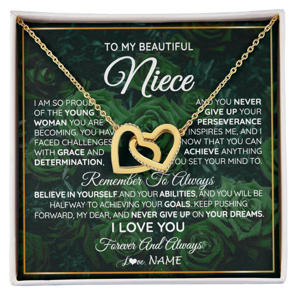 Interlocking Hearts Necklace 18K Yellow Gold Finish | Personalized To My Beautiful Niece Necklace From Aunt Uncle Aunt Never Give Up Niece Birthday Graduation Motivational Quote Customized Gift Box Message Card | siriusteestore