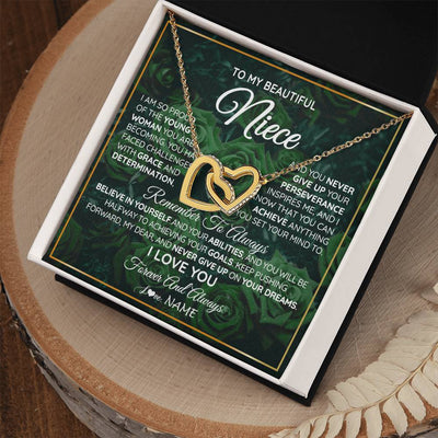 Interlocking Hearts Necklace 18K Yellow Gold Finish | Personalized To My Beautiful Niece Necklace From Aunt Uncle Aunt Never Give Up Niece Birthday Graduation Motivational Quote Customized Gift Box Message Card | siriusteestore