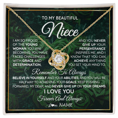 Love Knot Necklace 18K Yellow Gold Finish | Personalized To My Beautiful Niece Necklace From Aunt Uncle Aunt Never Give Up Niece Birthday Graduation Motivational Quote Customized Gift Box Message Card | siriusteestore