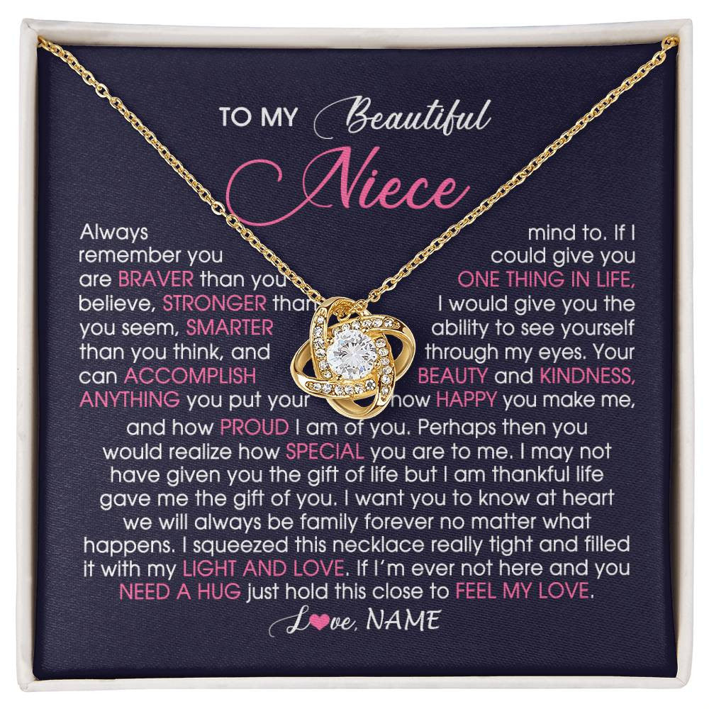 Love Knot Necklace 18K Yellow Gold Finish | Personalized To My Beautiful Niece Necklace From Aunt Uncle Auntie Feel My Love Niece Birthday Christmas Graduation Jewelry Customized Gift Box Message Card | siriusteestore