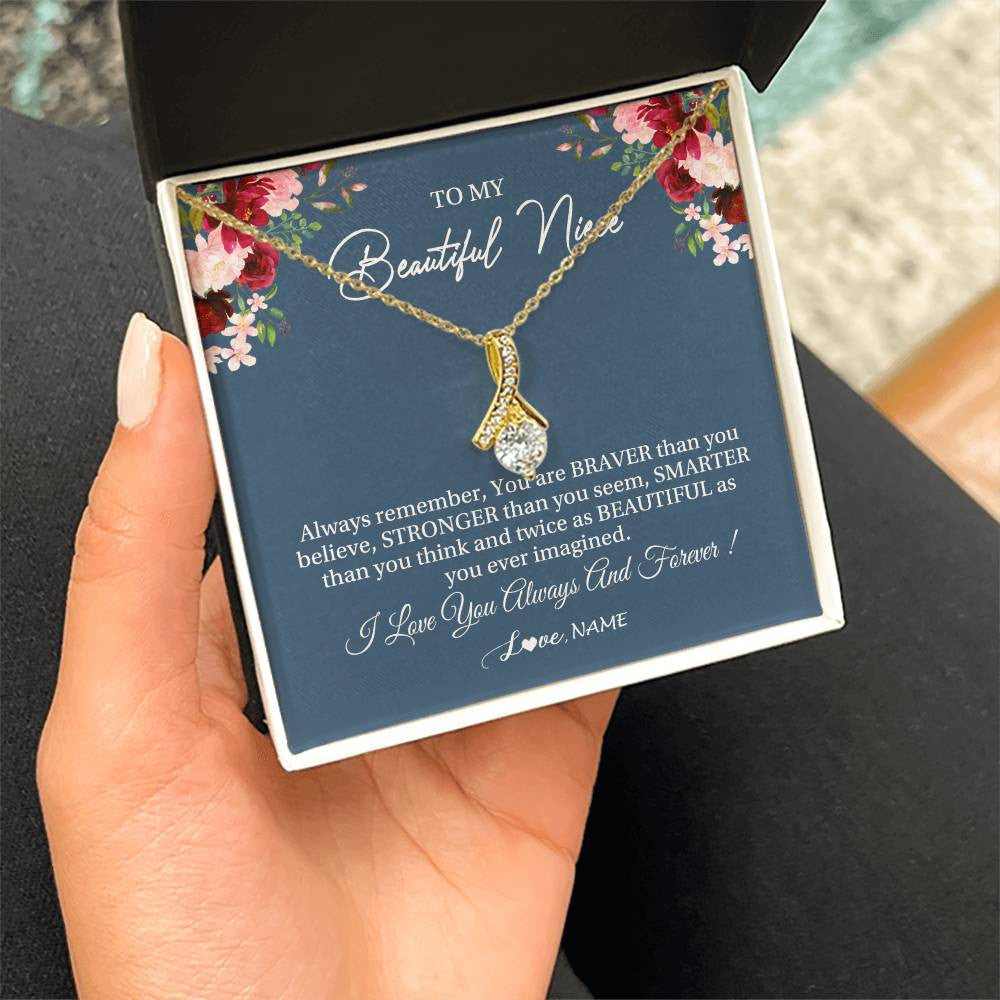 Alluring Beauty Necklace 18K Yellow Gold Finish | Personalized To My Beautiful Niece Necklace From Aunt Uncle Braver Stronger Smarter Niece Pendant Jewelry Birthday Graduation Christmas Customized Message Card | siriusteestore