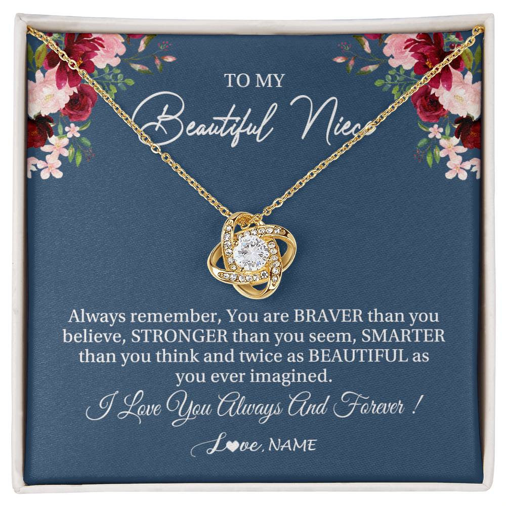 Love Knot Necklace 18K Yellow Gold Finish | Personalized To My Beautiful Niece Necklace From Aunt Uncle Braver Stronger Smarter Niece Pendant Jewelry Birthday Graduation Christmas Customized Message Card | siriusteestore