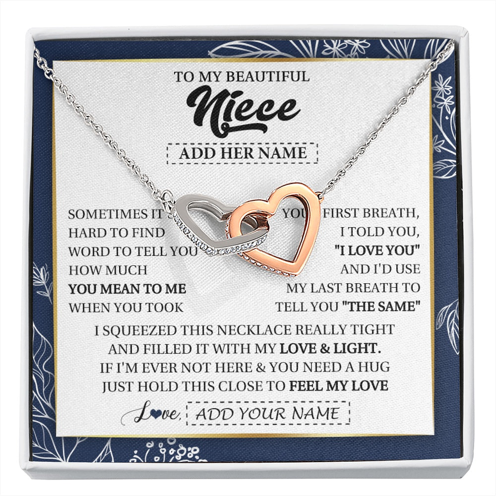 Interlocking Hearts Necklace Stainless Steel & Rose Gold Finish | 1 | Personalized To My Beautiful Niece Necklace From Aunt Uncle Feel My Love Valentine Gifts For Niece Birthday Graduation Christmas Custom Gift Box Message Card | https://siriusteestore.