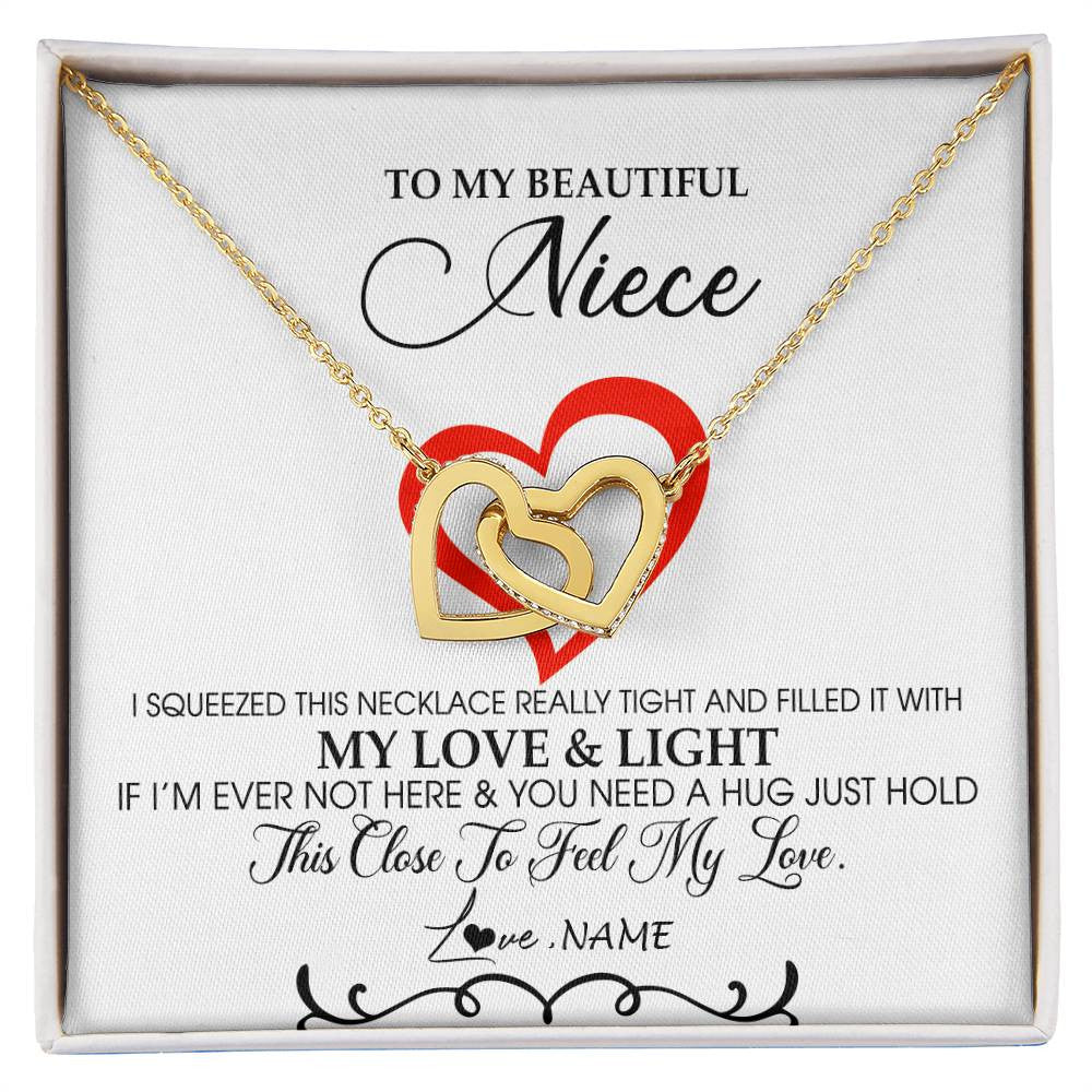 Interlocking Hearts Necklace 18K Yellow Gold Finish | Personalized To My Beautiful Niece Necklace From Aunt Uncle Filled With My Love and Light Niece Pendant Jewelry Birthday Christmas Customized Message Card | siriusteestore