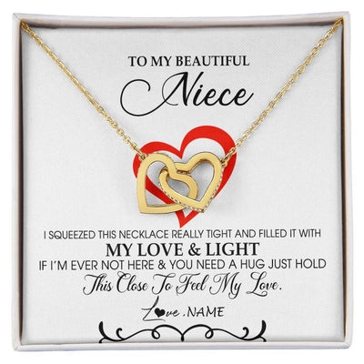 Interlocking Hearts Necklace 18K Yellow Gold Finish | Personalized To My Beautiful Niece Necklace From Aunt Uncle Filled With My Love and Light Niece Pendant Jewelry Birthday Christmas Customized Message Card | siriusteestore