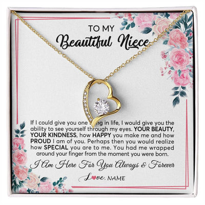 Forever Love Necklace 18K Yellow Gold Finish | 1 | Personalized To My Beautiful Niece Necklace From Aunt Uncle I Am Here For You Floral Niece Jewelry Pendant Birthday Christmas Customized Message Card | siriusteestore