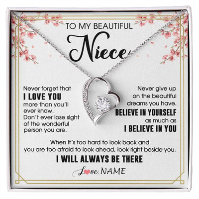 Forever Love Necklace 14K White Gold Finish | 1 | Personalized To My Beautiful Niece Necklace From Aunt Uncle I Love You Believe In You Niece Birthday Graduation Christmas Customized Gift Box Message Card | siriusteestore