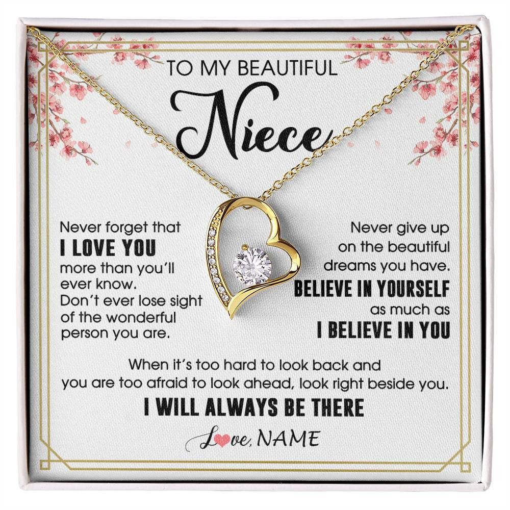 Forever Love Necklace 18K Yellow Gold Finish | 1 | Personalized To My Beautiful Niece Necklace From Aunt Uncle I Love You Believe In You Niece Birthday Graduation Christmas Customized Gift Box Message Card | siriusteestore