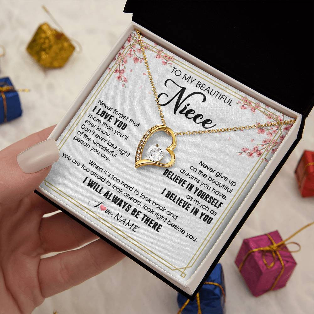 Forever Love Necklace 18K Yellow Gold Finish | 2 | Personalized To My Beautiful Niece Necklace From Aunt Uncle I Love You Believe In You Niece Birthday Graduation Christmas Customized Gift Box Message Card | siriusteestore
