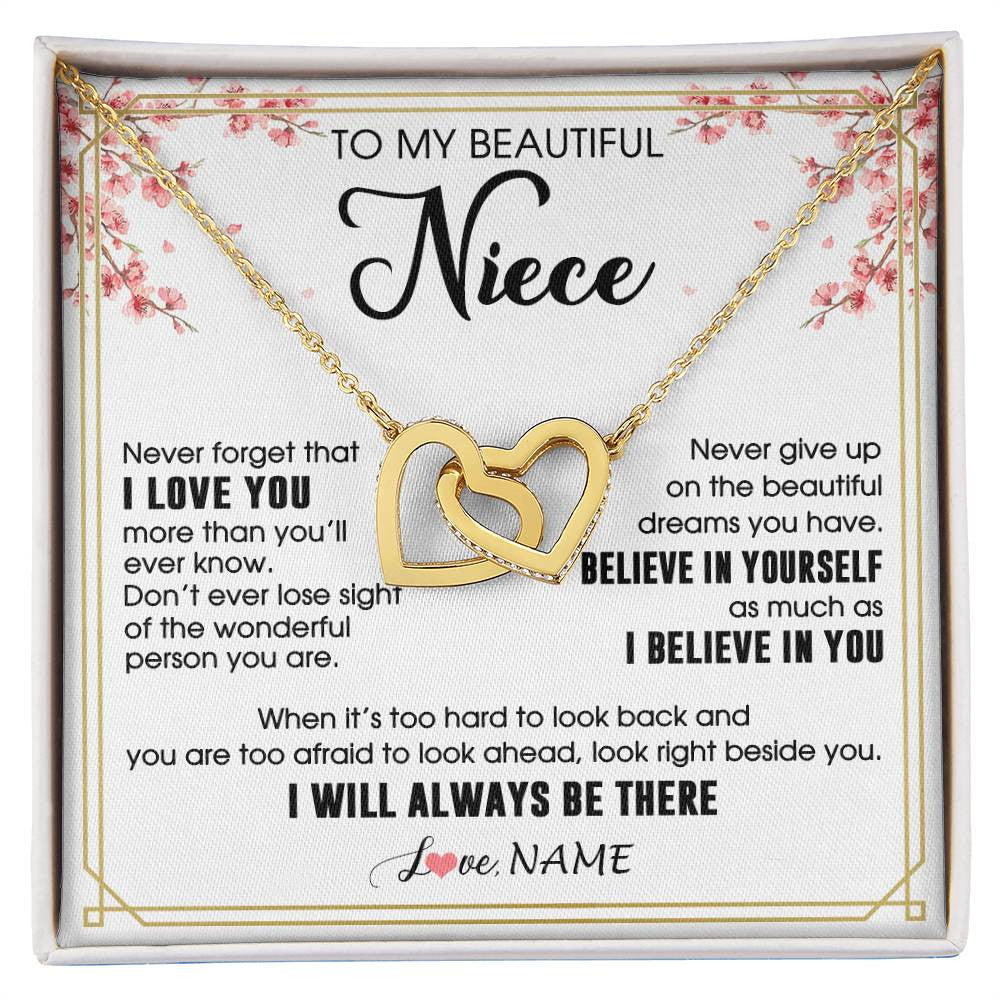 Interlocking Hearts Necklace 18K Yellow Gold Finish | 1 | Personalized To My Beautiful Niece Necklace From Aunt Uncle I Love You Believe In You Niece Birthday Graduation Christmas Customized Gift Box Message Card | siriusteestore