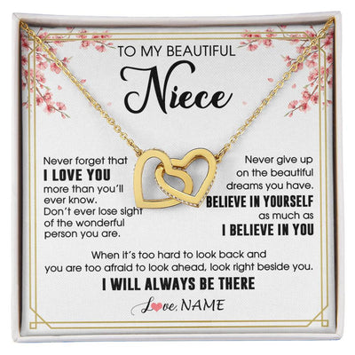 Interlocking Hearts Necklace 18K Yellow Gold Finish | 1 | Personalized To My Beautiful Niece Necklace From Aunt Uncle I Love You Believe In You Niece Birthday Graduation Christmas Customized Gift Box Message Card | siriusteestore