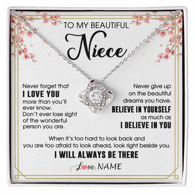 Love Knot Necklace 14K White Gold Finish | 1 | Personalized To My Beautiful Niece Necklace From Aunt Uncle I Love You Believe In You Niece Birthday Graduation Christmas Customized Gift Box Message Card | siriusteestore
