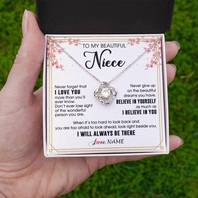 Love Knot Necklace 14K White Gold Finish | 2 | Personalized To My Beautiful Niece Necklace From Aunt Uncle I Love You Believe In You Niece Birthday Graduation Christmas Customized Gift Box Message Card | siriusteestore