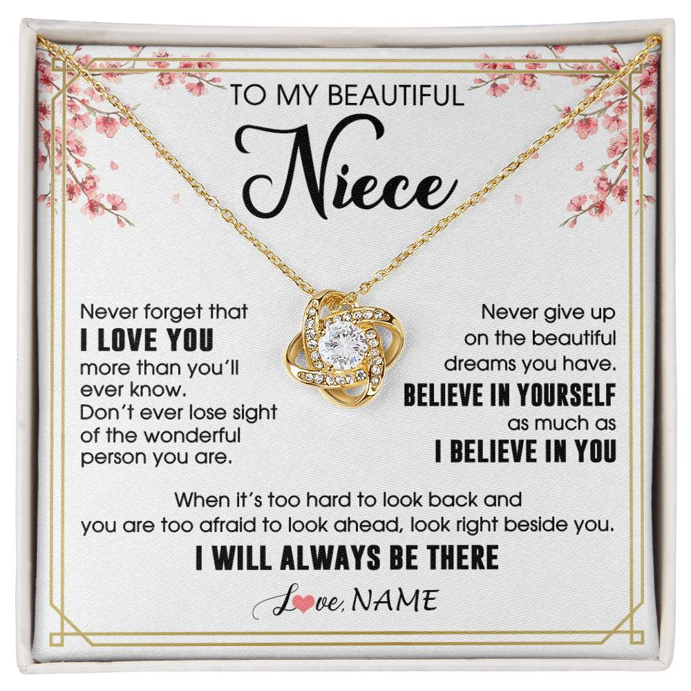 Love Knot Necklace 18K Yellow Gold Finish | 1 | Personalized To My Beautiful Niece Necklace From Aunt Uncle I Love You Believe In You Niece Birthday Graduation Christmas Customized Gift Box Message Card | siriusteestore
