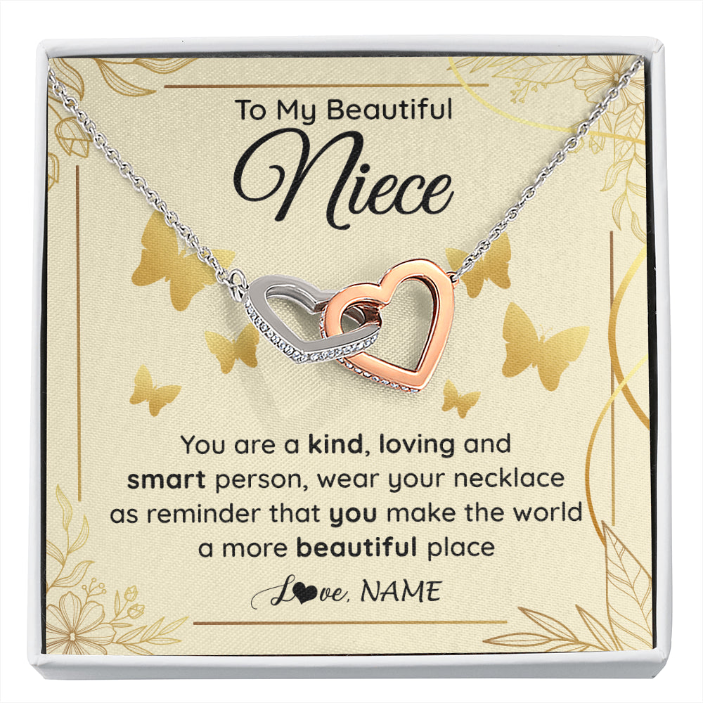 Interlocking Hearts Necklace Stainless Steel & Rose Gold Finish | 1 | Personalized To My Beautiful Niece Necklace From Aunt You Are A Kind Loving Niece Birthday Gifts Jewelry Graduation Christmas Customized Gift Box Message Card | siriusteestore