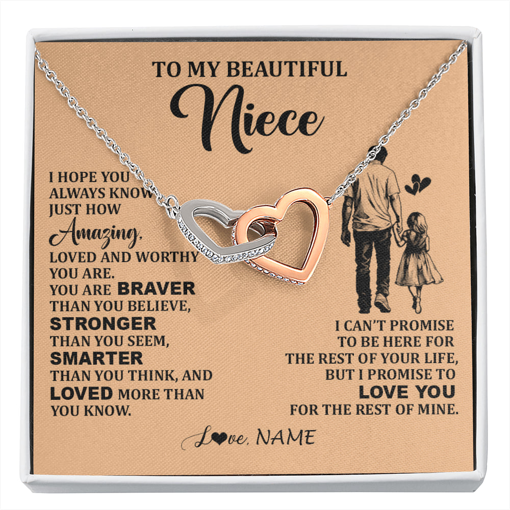 Interlocking Hearts Necklace Stainless Steel & Rose Gold Finish | 1 | Personalized To My Beautiful Niece Necklace From Uncle Promise To Love You Niece Birthday Valentines Day Graduation Christmas Customized Gift Box Message Card | siriusteestore