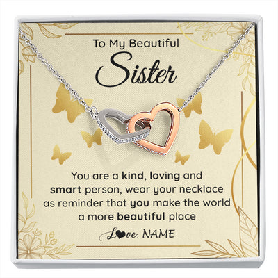 Interlocking Hearts Necklace Stainless Steel & Rose Gold Finish | 1 | Personalized To My Beautiful Sister Necklace From Brother You Are A Kind Loving Sister Birthday Gifts Jewelry Christmas Customized Gift Box Message Card | siriusteestore