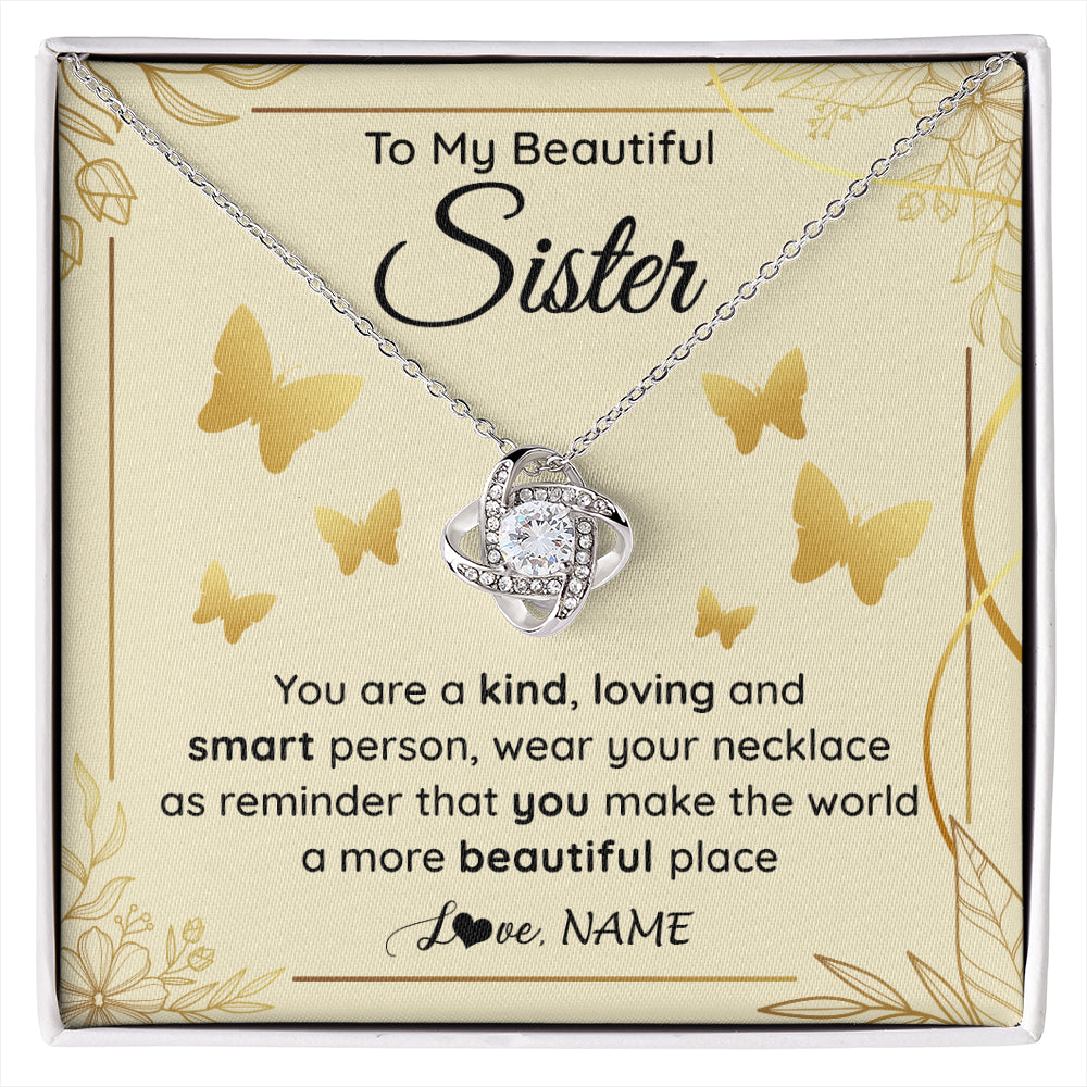 Love Knot Necklace 14K White Gold Finish | 1 | Personalized To My Beautiful Sister Necklace From Brother You Are A Kind Loving Sister Birthday Gifts Jewelry Christmas Customized Gift Box Message Card | siriusteestore