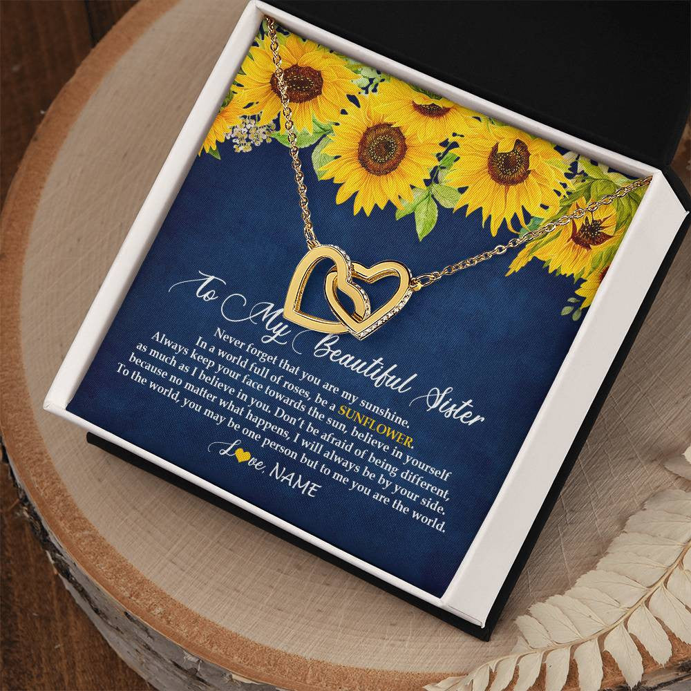 Interlocking Hearts Necklace 18K Yellow Gold Finish | Personalized To My Beautiful Sister Necklace From Sister Brother Be A Sunflower My Sunshine Sister Birthday Christmas Customized Gift Box Message Card | siriusteestore