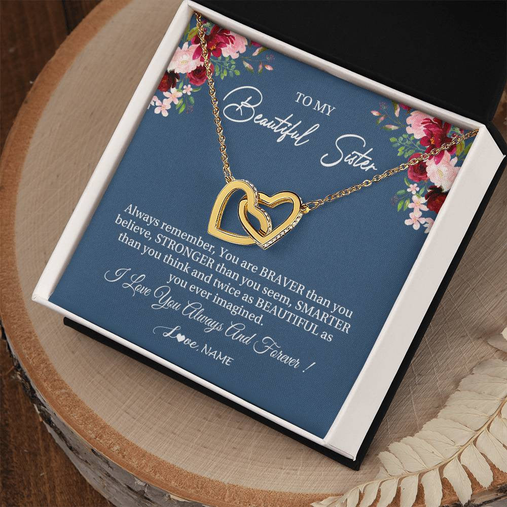 Interlocking Hearts Necklace 18K Yellow Gold Finish | Personalized To My Beautiful Sister Necklace From Sister Brother Braver Stronger Smarter Sister Pendant Jewelry Birthday Christmas Customized Message Card | siriusteestore