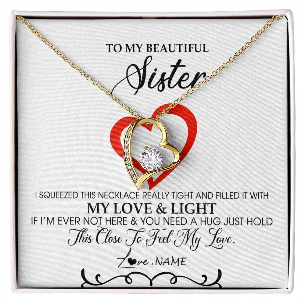 Forever Love Necklace 18K Yellow Gold Finish | Personalized To My Beautiful Sister Necklace From Sister Brother Filled With My Love and Light Sister Pendant Jewelry Birthday Christmas Customized Message Card | siriusteestore