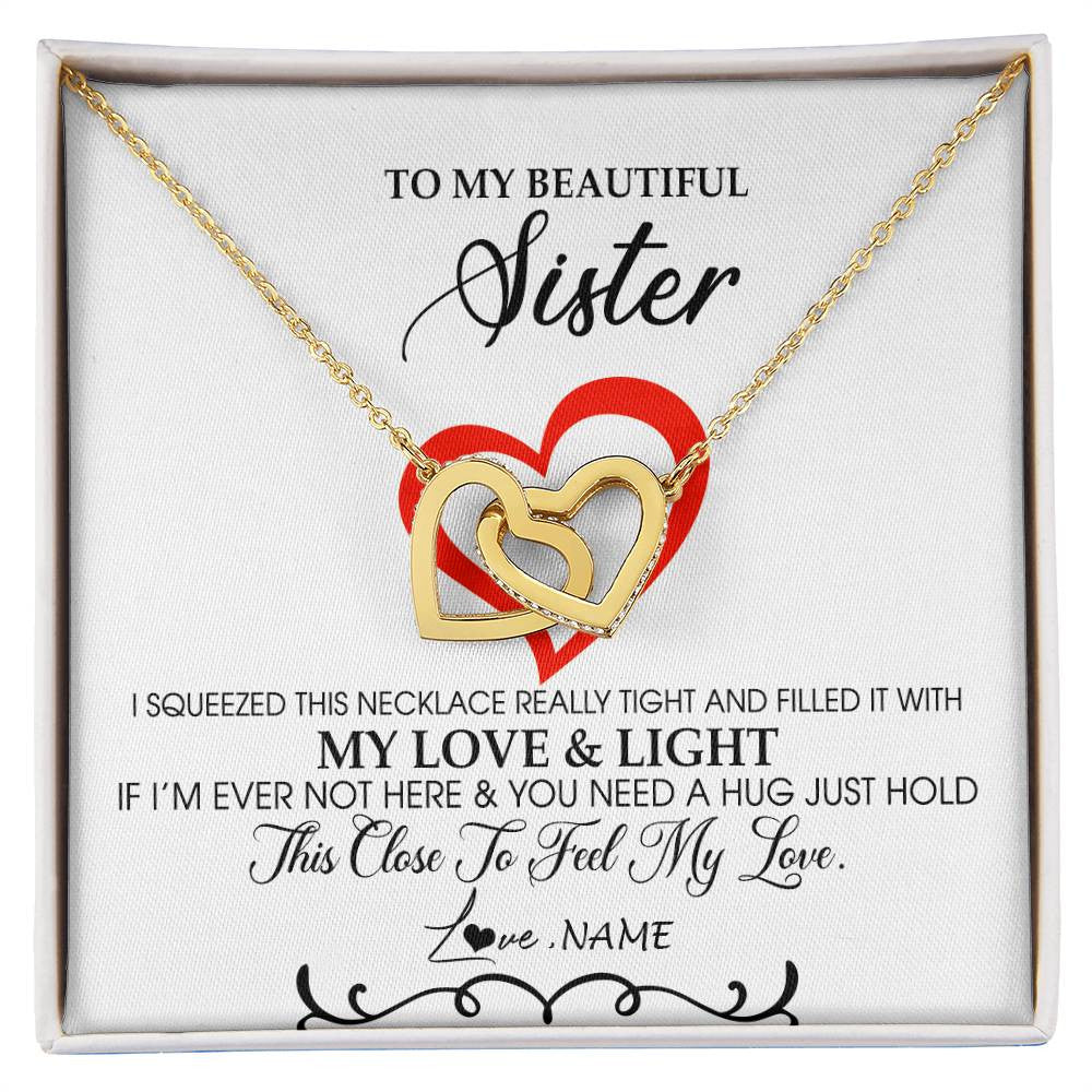 Interlocking Hearts Necklace 18K Yellow Gold Finish | Personalized To My Beautiful Sister Necklace From Sister Brother Filled With My Love and Light Sister Pendant Jewelry Birthday Christmas Customized Message Card | siriusteestore