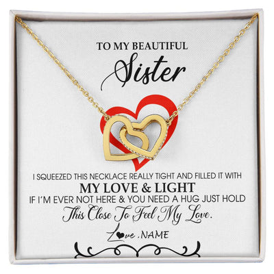 Interlocking Hearts Necklace 18K Yellow Gold Finish | Personalized To My Beautiful Sister Necklace From Sister Brother Filled With My Love and Light Sister Pendant Jewelry Birthday Christmas Customized Message Card | siriusteestore