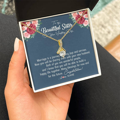 Alluring Beauty Necklace 18K Yellow Gold Finish | Personalized To My Beautiful Sister Necklace On Her Wedding Day Congratulations Jewelry Sister Birthday Anniversary Christmas Customized Gift Box Message Card | siriusteestore