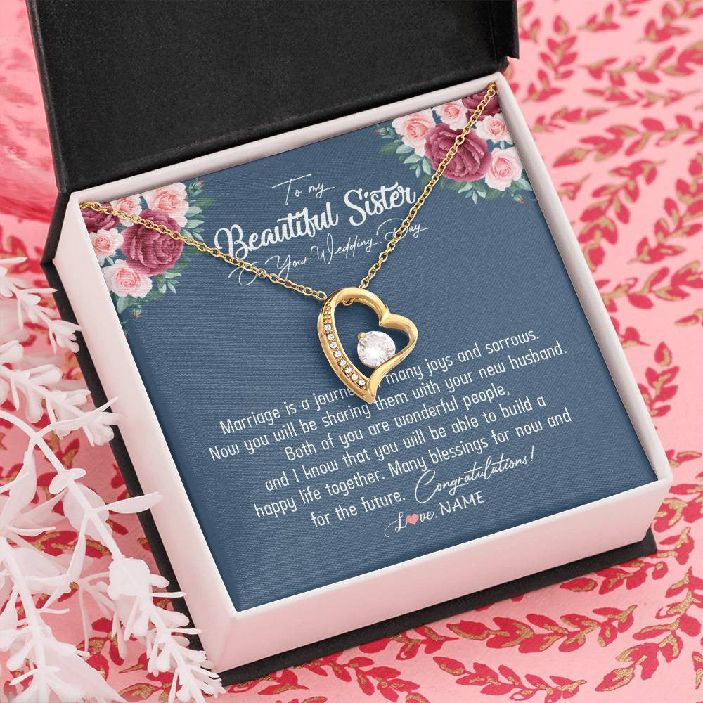 Forever Love Necklace 18K Yellow Gold Finish | Personalized To My Beautiful Sister Necklace On Her Wedding Day Congratulations Jewelry Sister Birthday Anniversary Christmas Customized Gift Box Message Card | siriusteestore