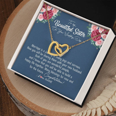 Interlocking Hearts Necklace 18K Yellow Gold Finish | Personalized To My Beautiful Sister Necklace On Her Wedding Day Congratulations Jewelry Sister Birthday Anniversary Christmas Customized Gift Box Message Card | siriusteestore